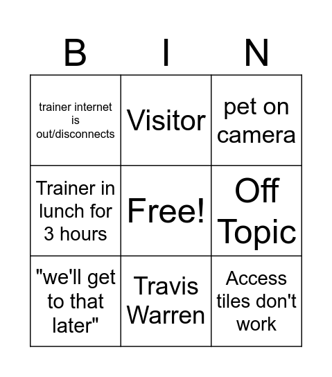 Training Bin Bingo Card