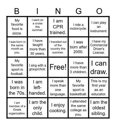 Getting to Know You Bingo Card