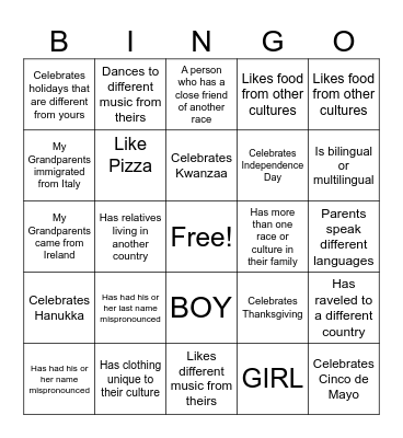 Diversity Bingo Card
