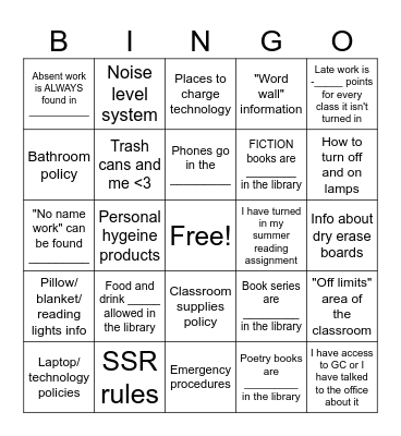 Reinhart Classroom Bingo Card
