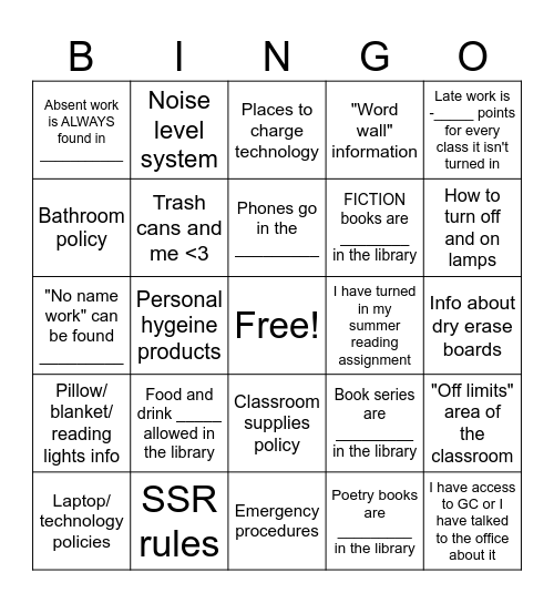 Reinhart Classroom Bingo Card