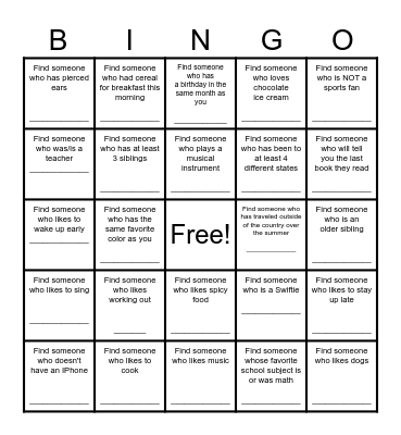 Find a Friend Bingo Card