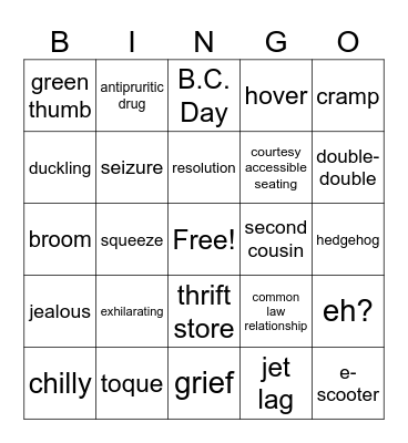 Vocabulary Bingo Card