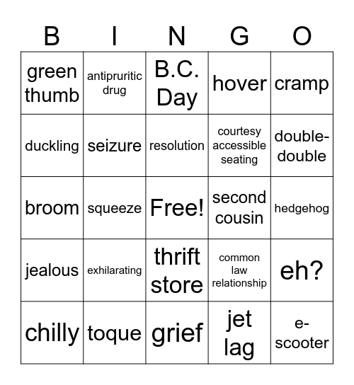 Vocabulary Bingo Card