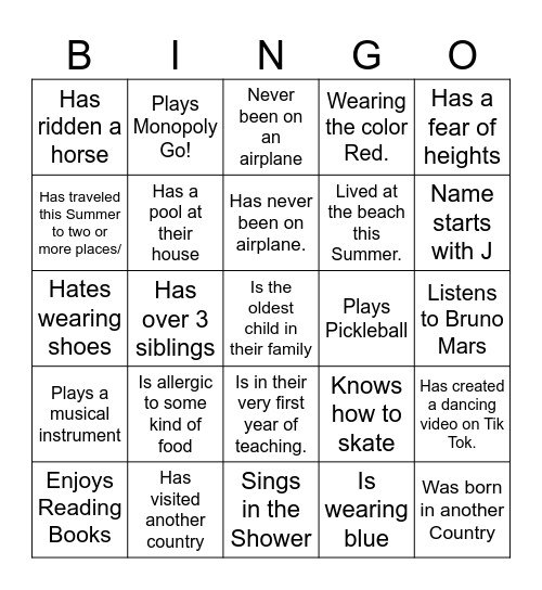 Name Bingo Card