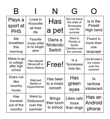 Back to School BINGO Card