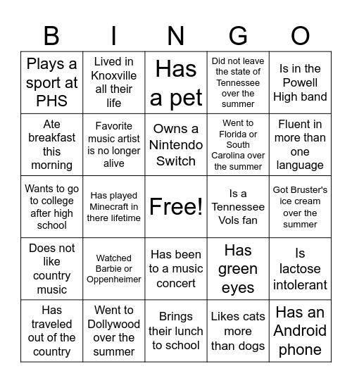 Back to School BINGO Card