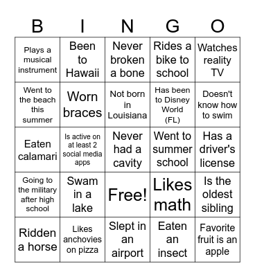 Back to School Bingo Card