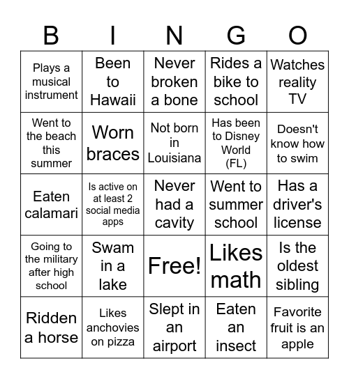 Back to School Bingo Card