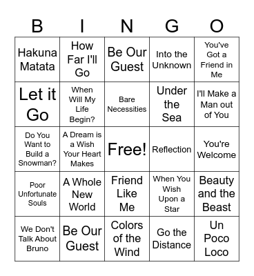 Disney SINGO Bingo Card
