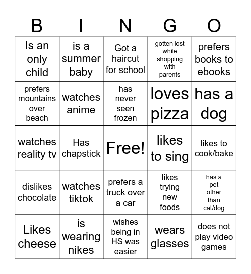 Getting to Know You Bingo Card