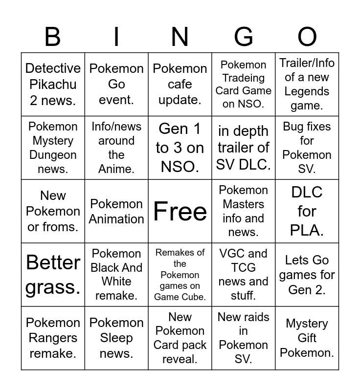 Pokemon Direct August Bingo Card