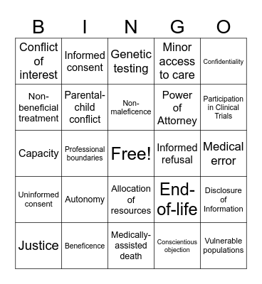 Medical Ethics Bingo Card