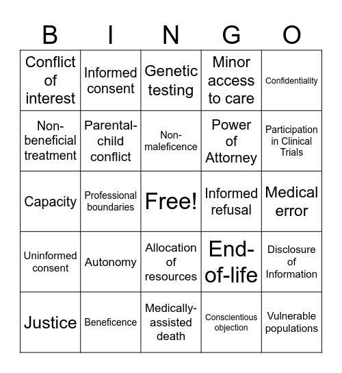 Medical Ethics Bingo Card