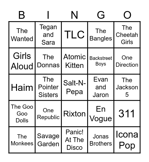 Girl Bands vs. Boy Bands Bingo Card