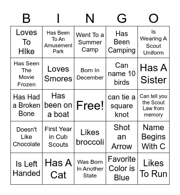 Scout "Get to know you" Bingo Card