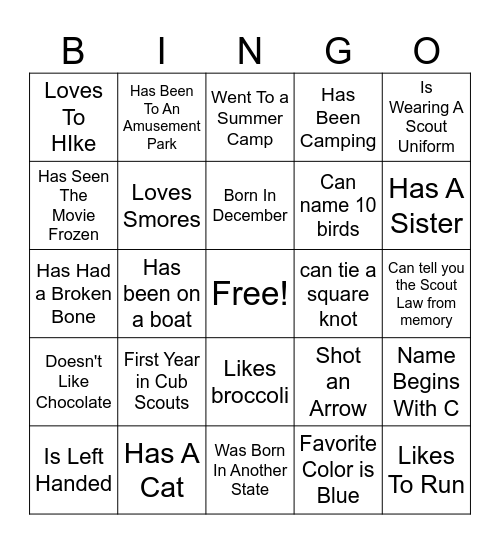 Scout "Get to know you" Bingo Card