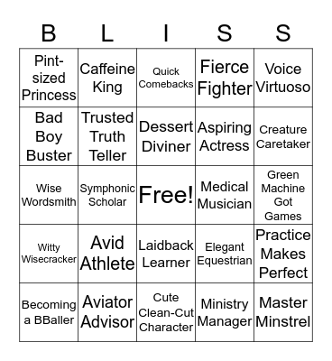 Caleb Bingo Card