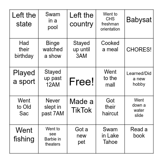 What did you do this summer? Bingo Card