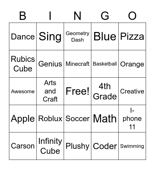 Carson's 9th Birthday Bingo Card