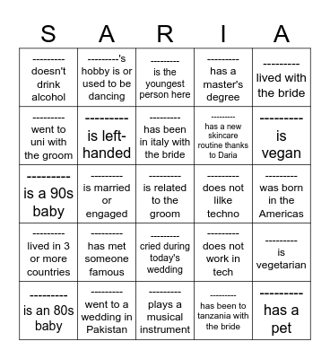 Get 5 names in a row or column! Bingo Card