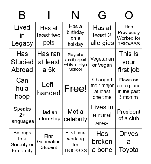 SSS Mercer Human Bingo Card