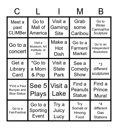 CLIMB Bingo Card