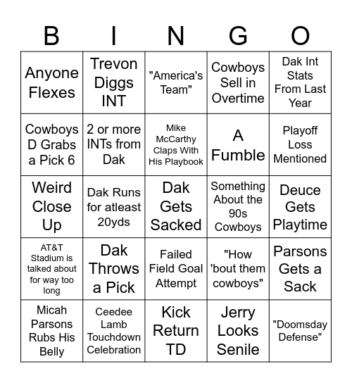 Cowboys Bingo Card Bingo Card