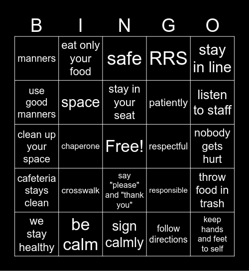 Cafeteria Bingo Card