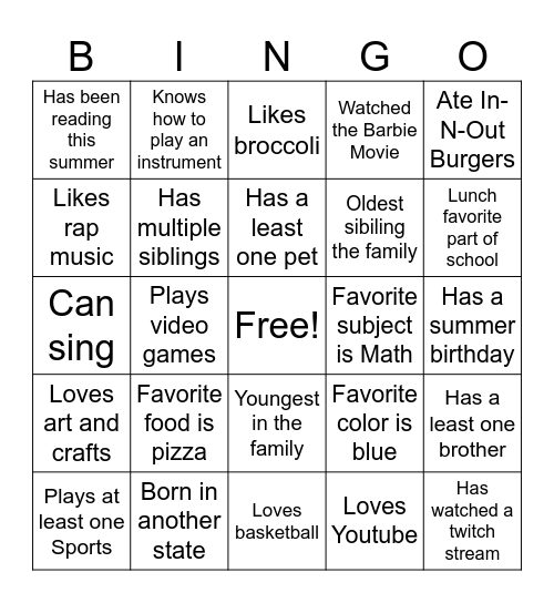 All About Me Bingo Card