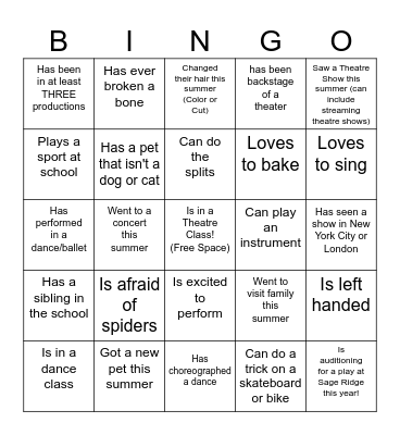 Get to Know You THEATRE Bingo Card