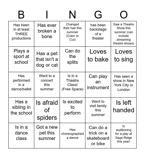 Get to Know You THEATRE Bingo Card
