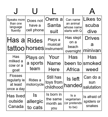 Julia's Bridal Shower Bingo: find someone who: Bingo Card