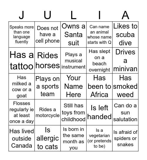 Julia's Bridal Shower Bingo: find someone who: Bingo Card