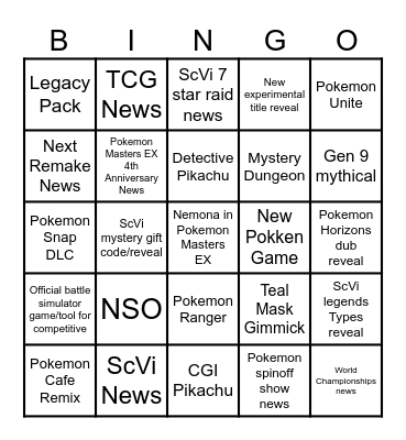 Pokémon Presents Bingo Card