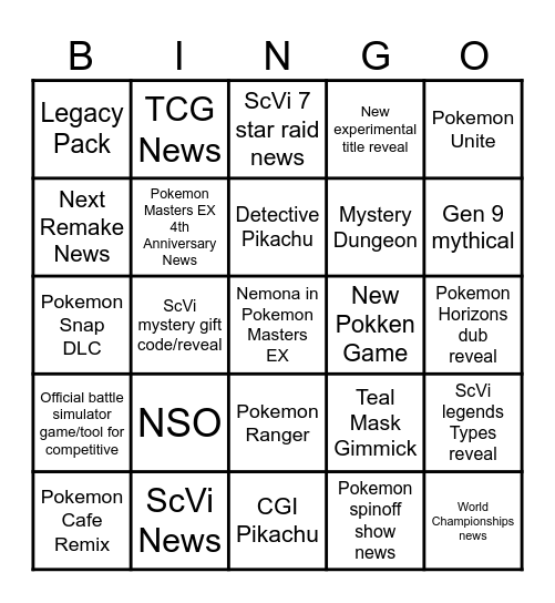 Pokémon Presents Bingo Card