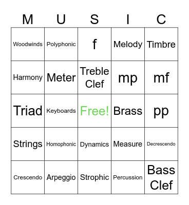 Elements of Music Bingo Card