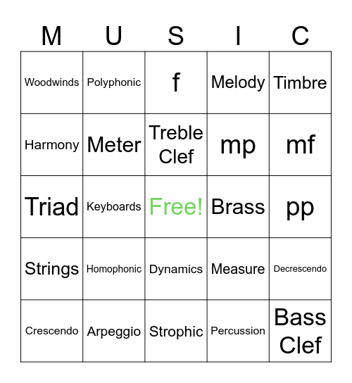 Elements of Music Bingo Card