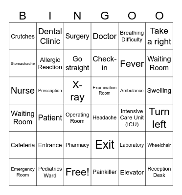 Directions and Hospital Bingo Card