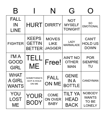 Round Four: Christina Aguilera Bingo Card