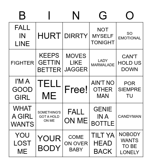 Round Four: Christina Aguilera Bingo Card