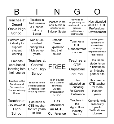 Career Technical Education BINGO Card