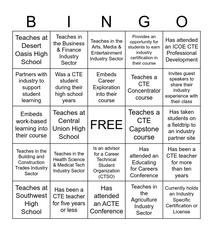 Career Technical Education BINGO Card