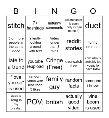 tiktok Bingo Card