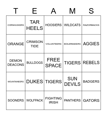 College Football Bingo Card