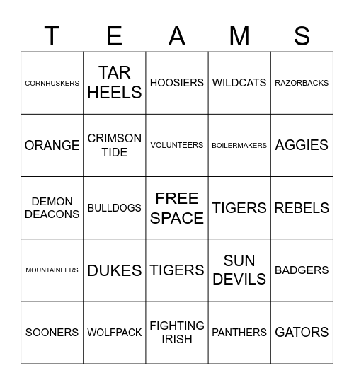 College Football Bingo Card