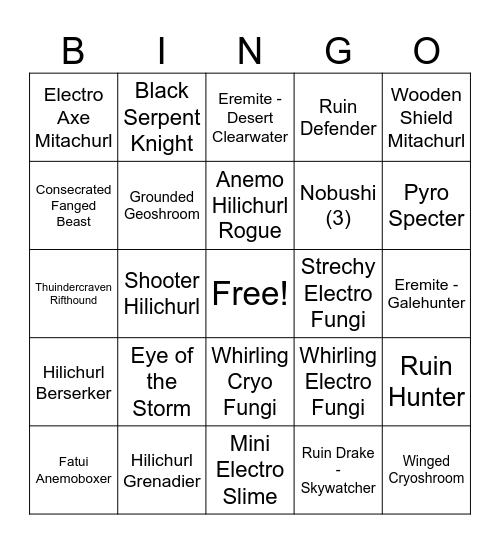 Genshin Enemies Bingo Card