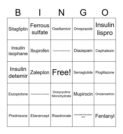 Generic Drug Bingo Card