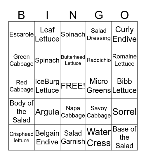 Salad Bingo Card