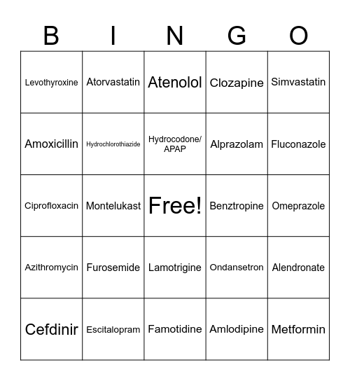 Generic Drug - Game 1 Bingo Card